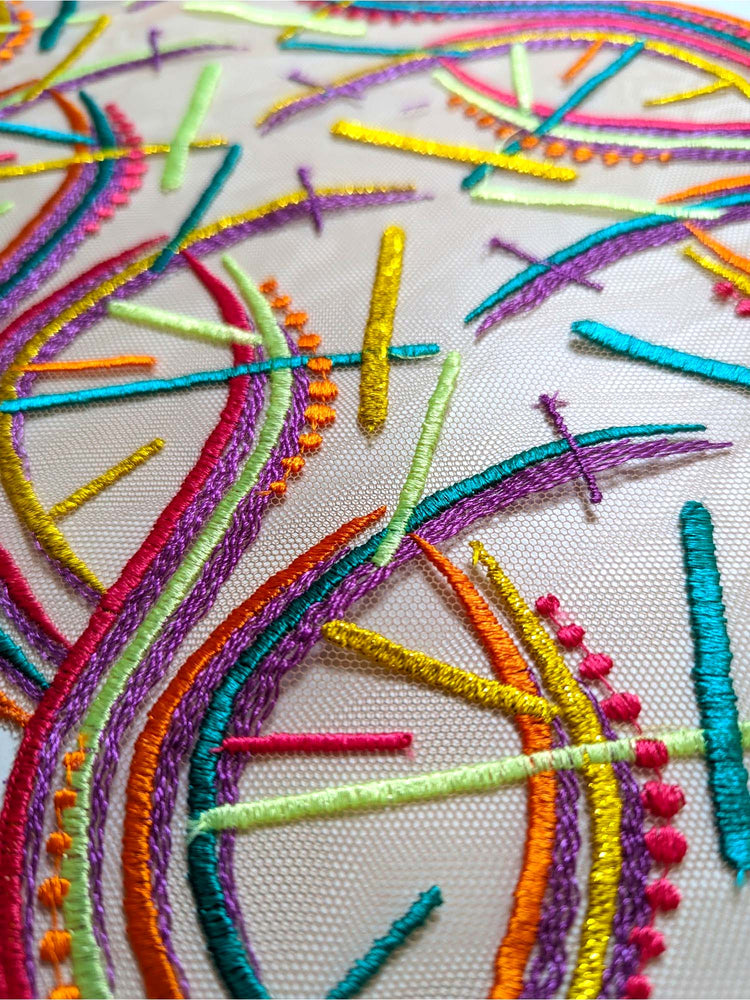 CLOSE UP OF MULTI COLORED EMBROIDERY ON SHEER TULLE BASE