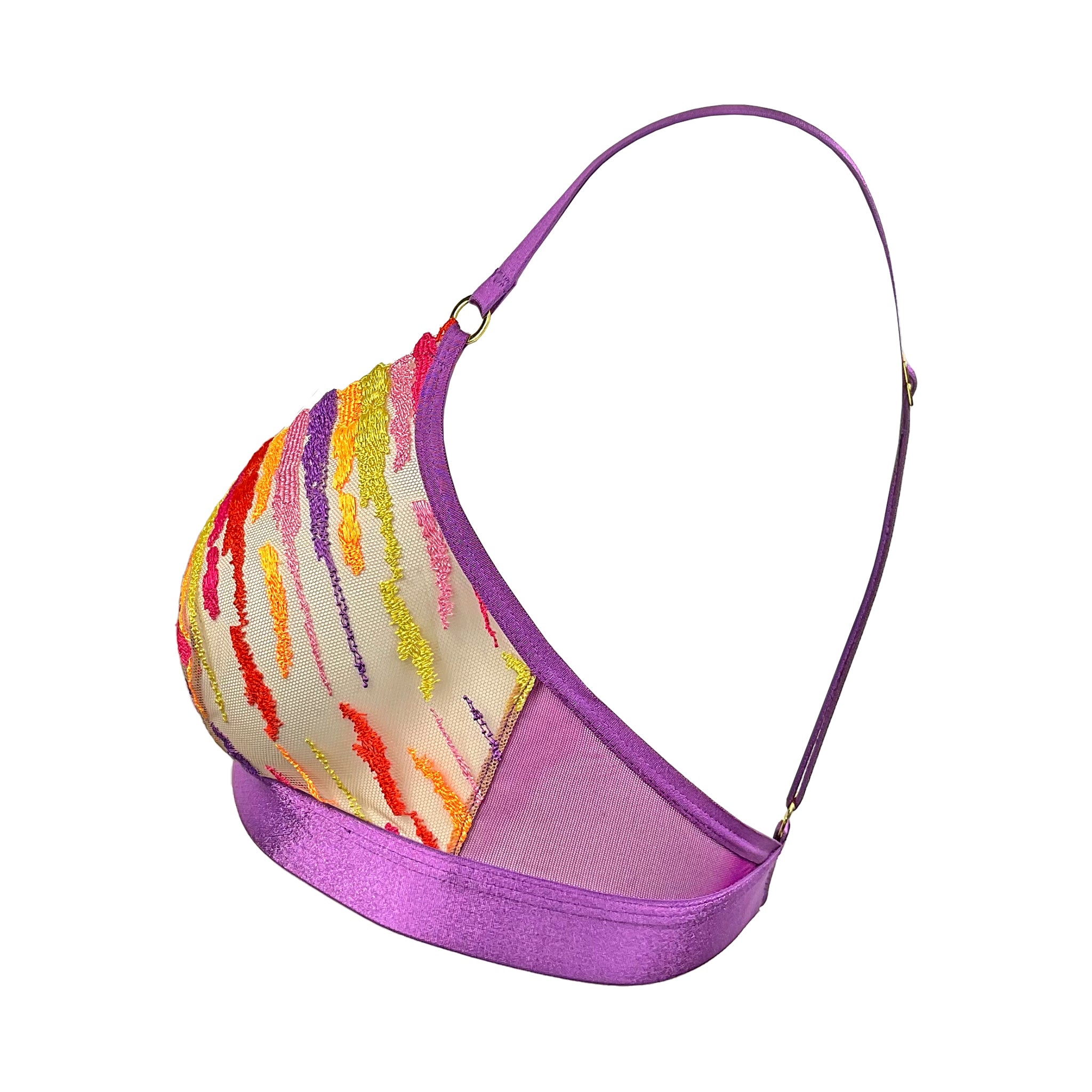 SIDE VIEW OF PURPLE TRIANGLE BRALETTE BRA WITH SEE-THRU MESH SIDES AND MODERN BRIGHT LACE CUPS