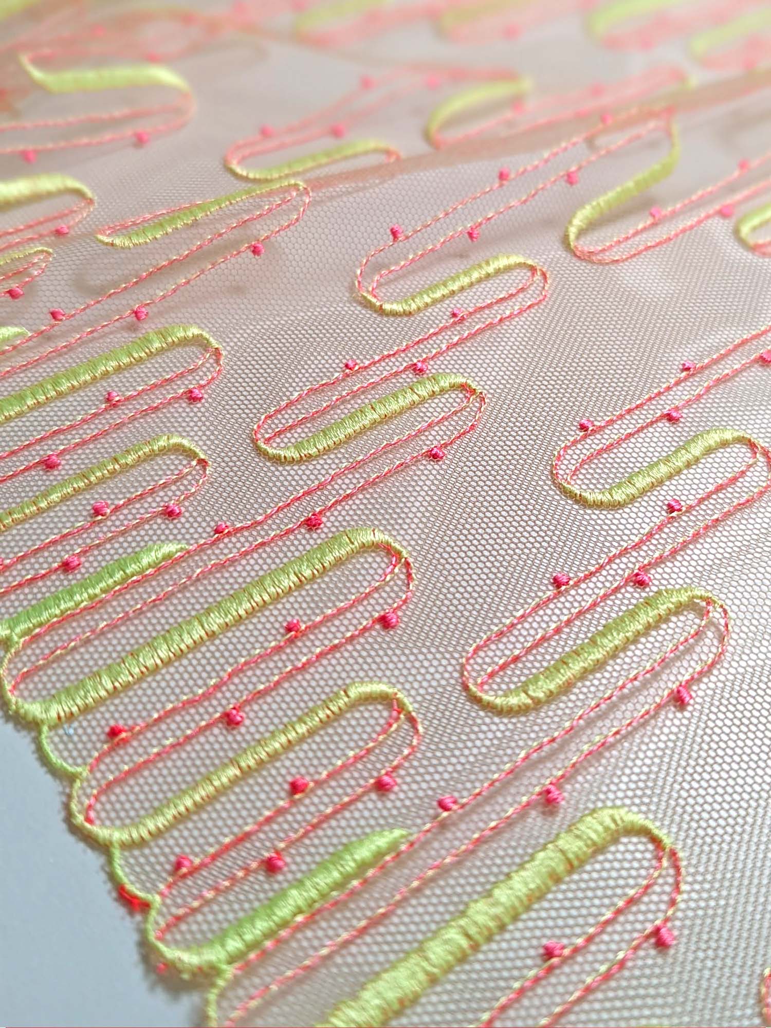 PINK AND LIME GEOMETRIC EMBROIDERY LACE ON SHEER TULLE