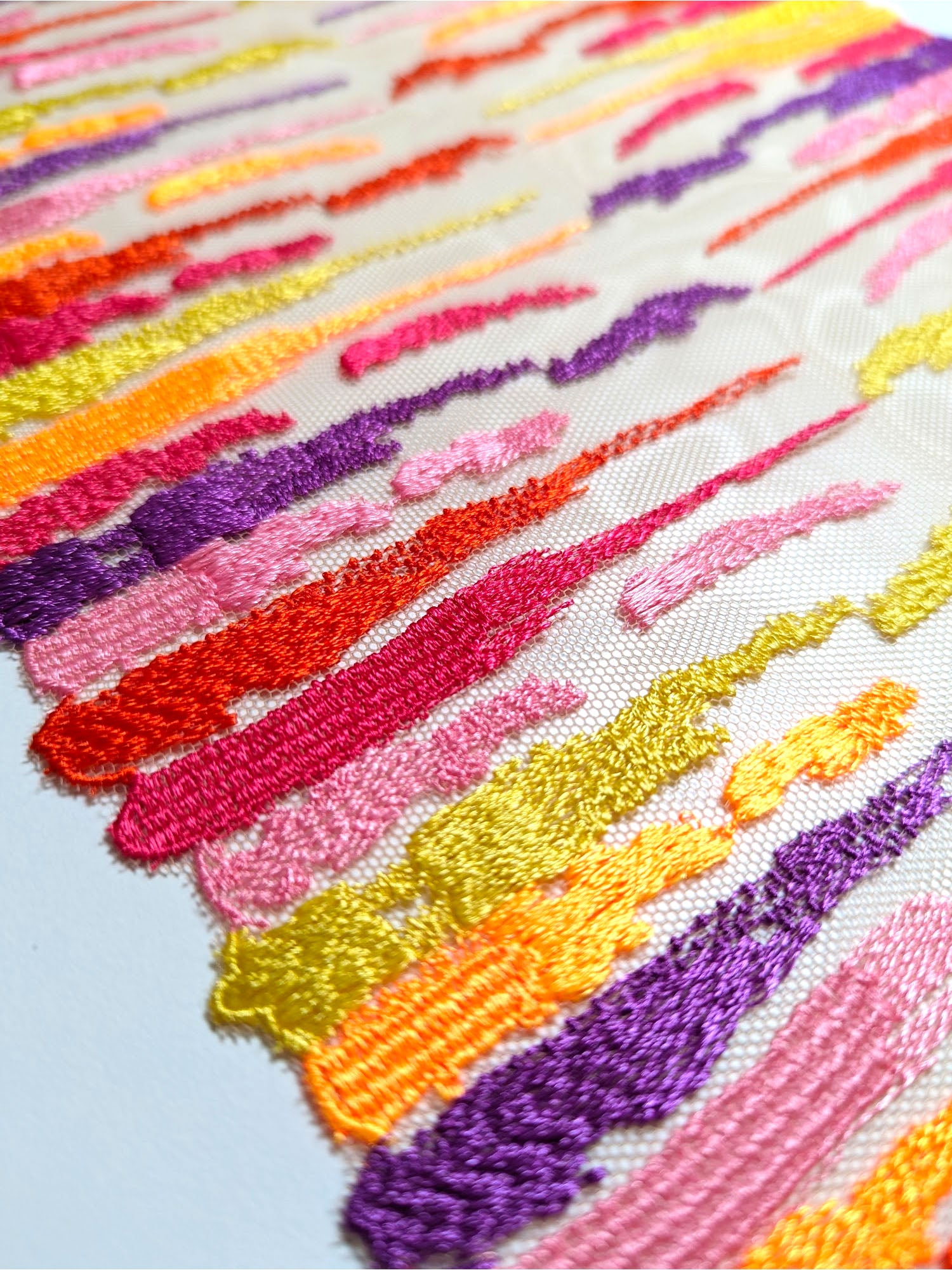 EMBROIDERY LACE IN PURPLE, PINK, ORANGE, YELLOW AND RED ON A SEE-THROUGH TULLE BASE