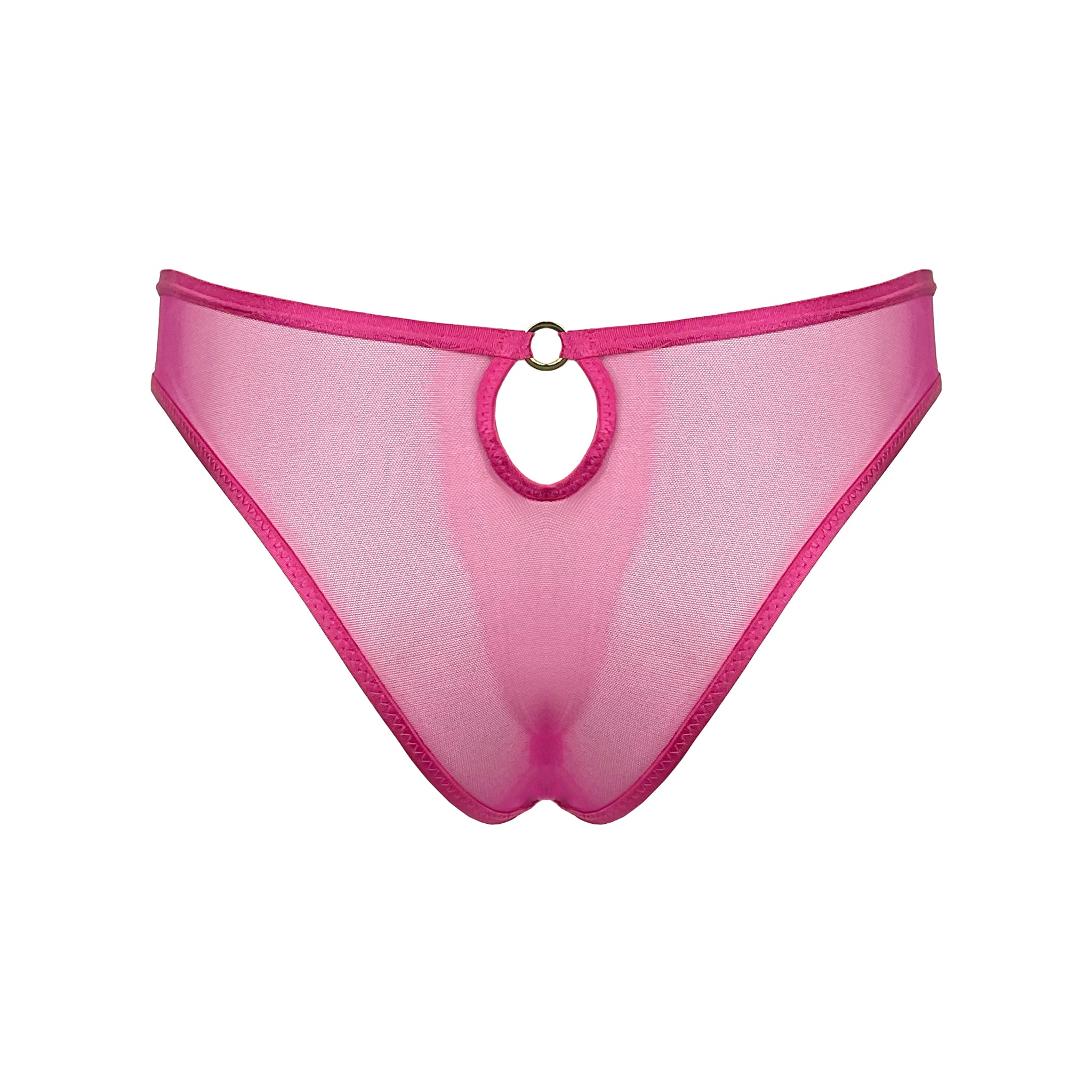 BACK VIEW OF CHEEKY BRAZILIAN PANTY WITH KEYHOLE AT CENTRE BACK AND SHEER PINK MESH