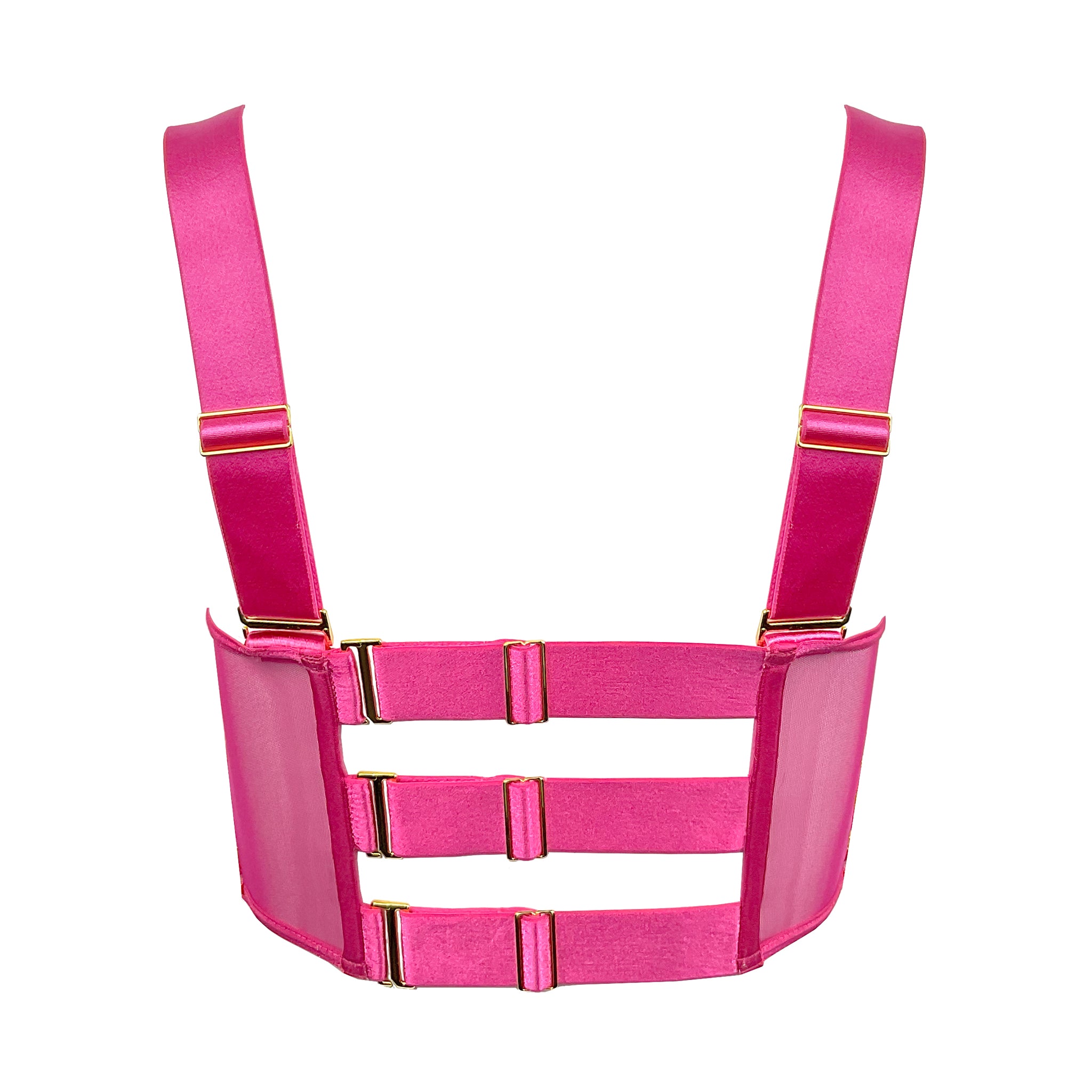 BACK VIEW OF STRAPPY ELASTIC PINK BANDEAU TOP WITH ADJUSTABLE ELASTICS 