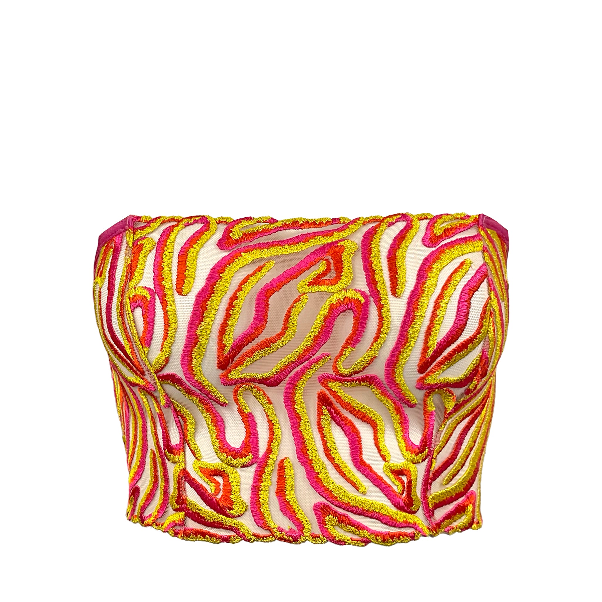 FRONT VIEW OF STRAPLESS BANDEAU BRA TOP WITH PINK, RED AND YELLOW EMBROIDERY LACE ON SEE-THROUGH TULLE FABRIC