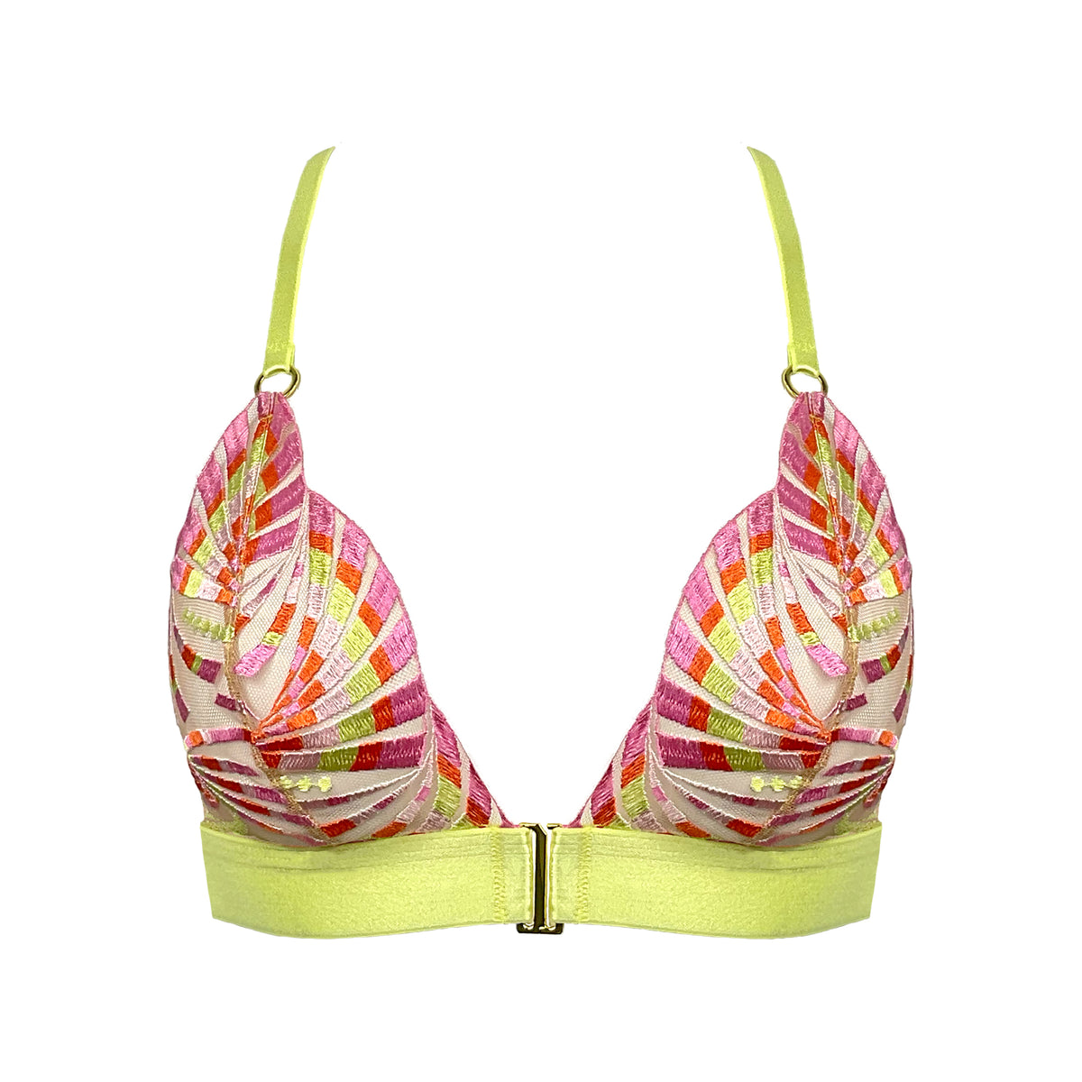 SUPER FAN - Lime yellow geometric lace lingerie wireless bra set ...