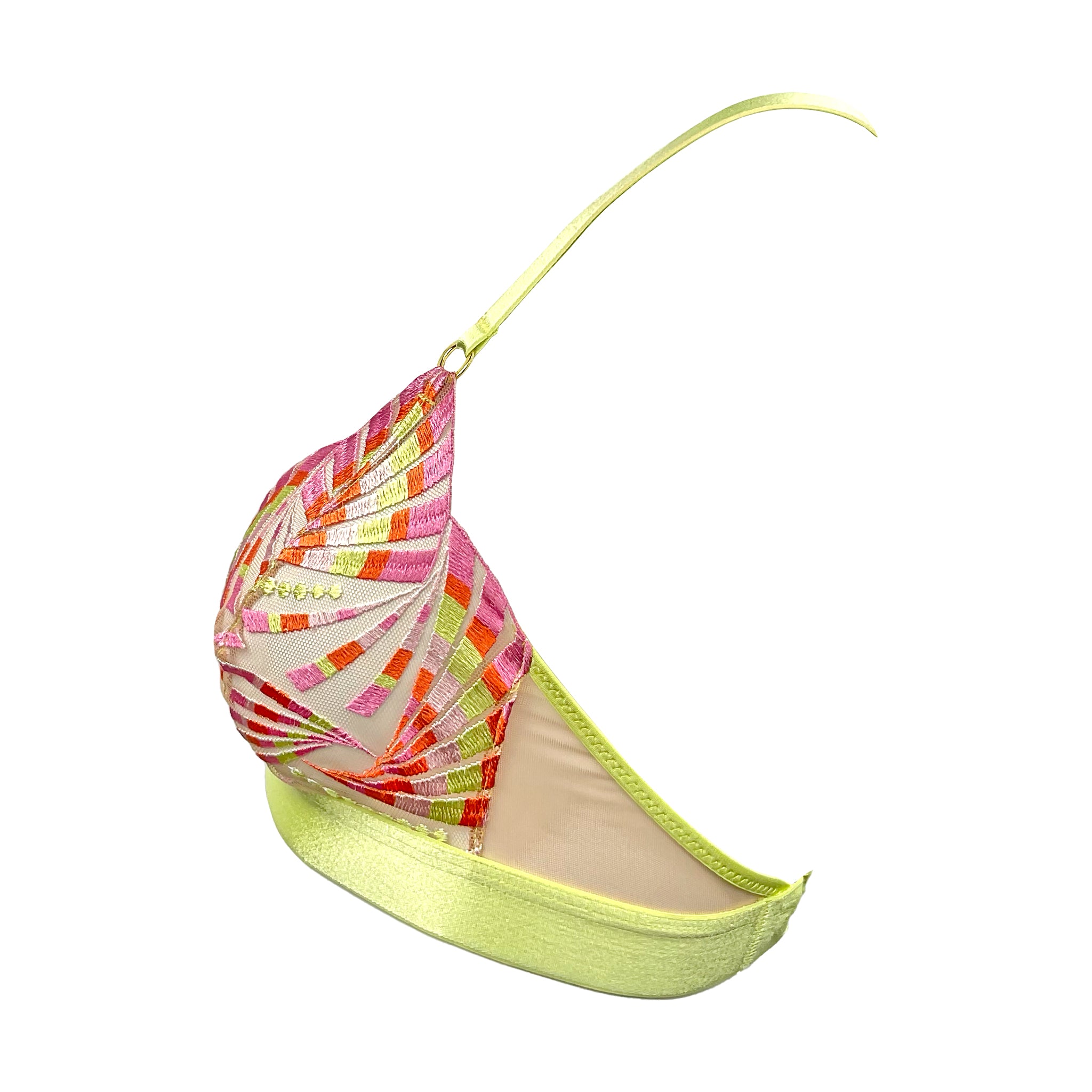 SIDE VIEW OF YELLOW BRALETTE WITH PINK MODERN LACE CUPS AND SHEER MESH BACK WING